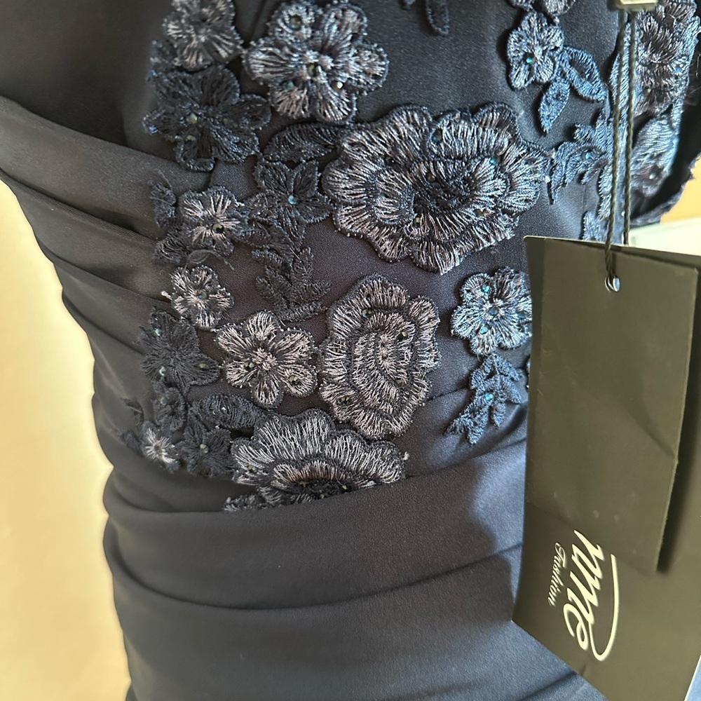 La Femme Navy Blue Maxi Dress with Lace Sleeves - Picture 5 of 8